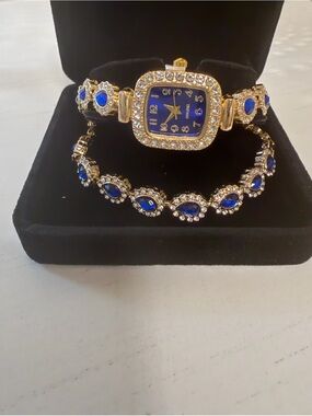 Gold-Tone Bracelet Watch with Royal Blue Dial and Crystal Accents